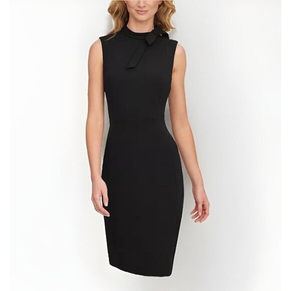 Calvin Klein BLACK Tie Neck Sleeveless Crepe Dress size 2 Bow-Neck Sheath - Picture 1 of 12